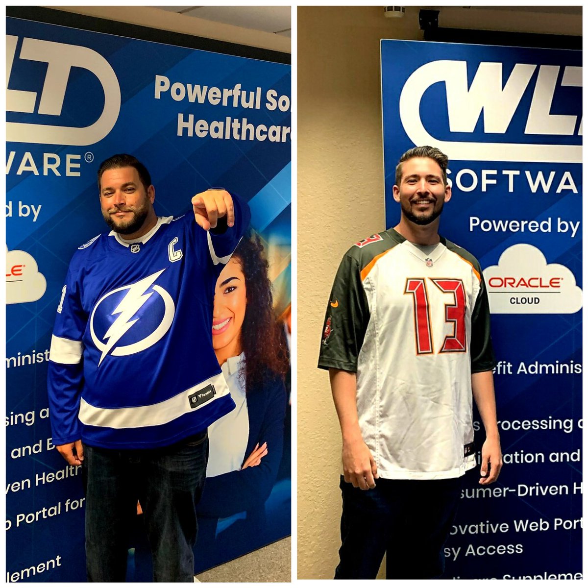 WLTSoftware's tweet photo. Day 2 of HCAA TPA Summit 2020 is "Jersey Day" and Joe Torina and Ryan Van Etten are representing WLT Software and the Tampa Bay sports teams. We look forward to meeting more #HCAATPASummit attendees today.
#benefitadministration #claimsprocessing #tpa #softwaredevelopment https://t.co/DePBkjeCL9