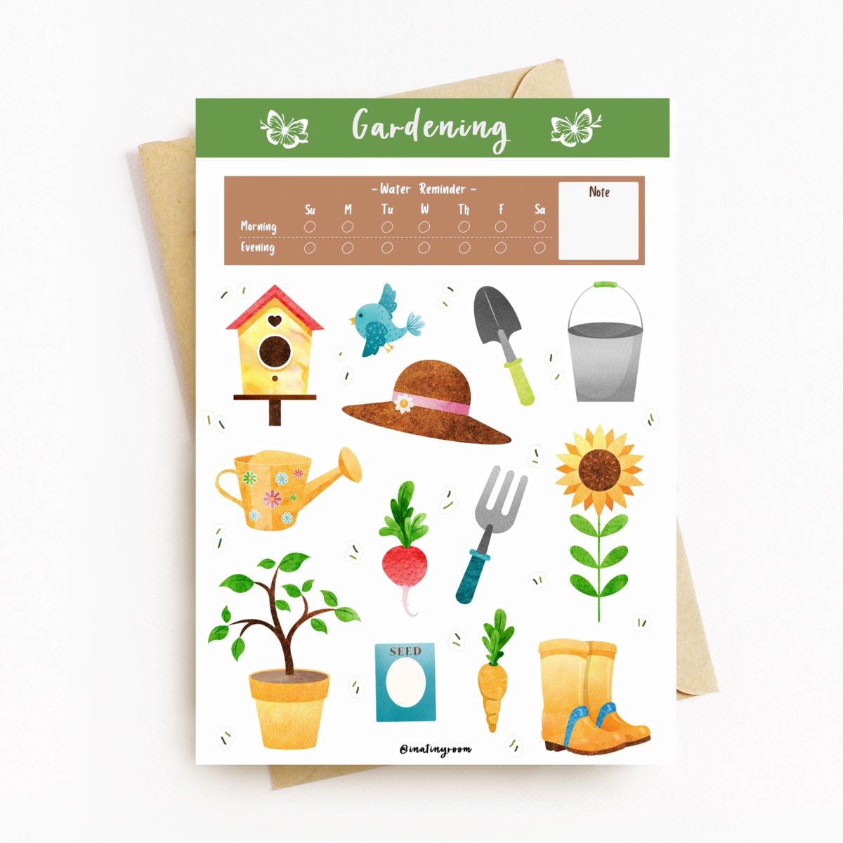 Inatinyroom's tweet photo. Here we are! A little tracker and reminder on the side of gardening sticker! 🧚🏻‍♂️
-#Free worldwide shipping with #nominimun!- 

#bujostickers #greenery 
#nature #naturelovers #bulletjournal #bujo #scrapbook #notebook #diary #plants #plantsticker #gardening  #reminder #bujoideas https://t.co/A8yo2W4YiD