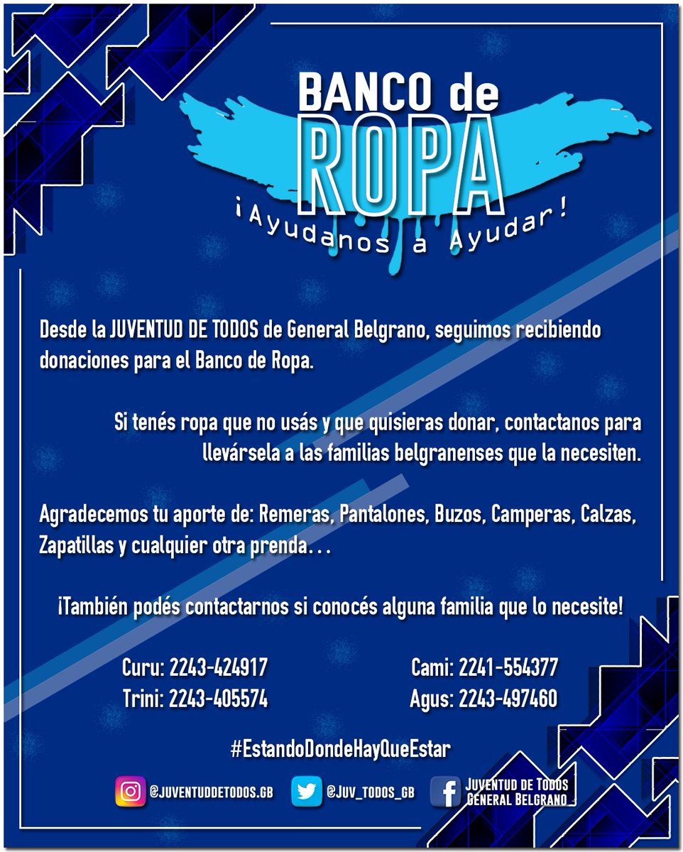 juveperonistagb's tweet photo. » Seguimos recibiendo donaciones para nuestro #BancoDeRopa❄️
» Contactanos y pasamos a buscarlo 📲
#AyudanosAAyudar #EstandoDondeHayQueEstar https://t.co/yFDpVvyZwc
