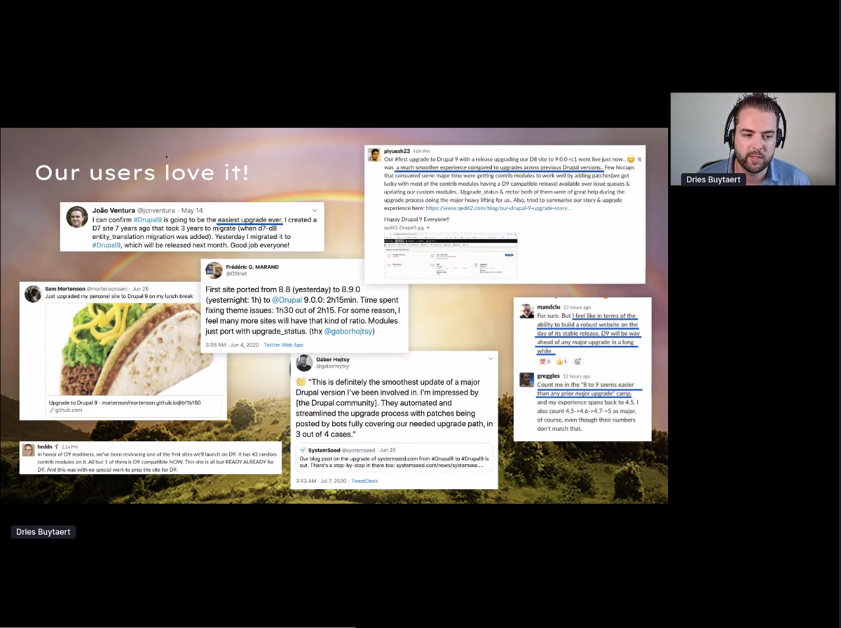 acquia's tweet image. People are loving #Drupal9.
#DriesNote #DrupalCon