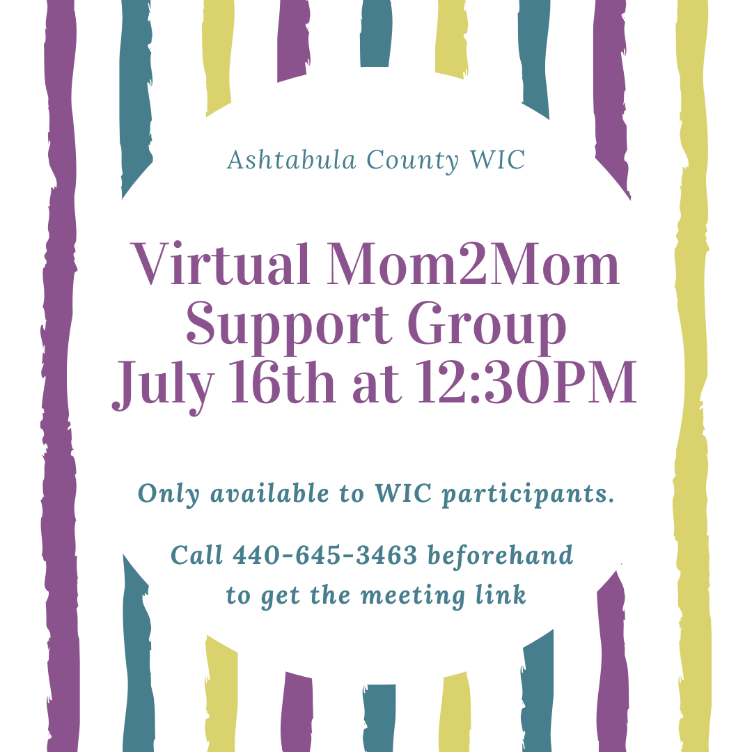 AshtabulaWIC's tweet photo. Join us Thursday, July 16th at 12:30PM for the Virtual Mom2Mom Support Group! Only open to WIC participants at this time. Can't wait to see all of you! https://t.co/hD4E5FwM6o
