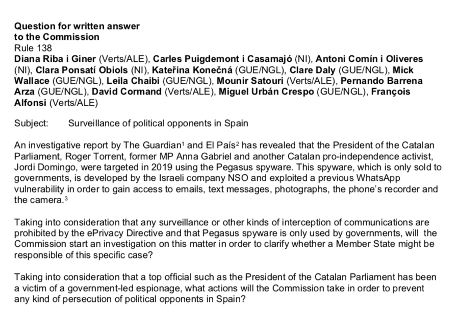 JuntsEU's tweet photo. Hem denunciat a la Comissió Europea l'escàndol d'espionatge contra l'independentisme que ha fet públic avui el The Guardian. Reclamem a la Comissió Europea que actuï, la deriva autoritària de l'estat espanyol és insostenible. https://t.co/vwYocZawkk