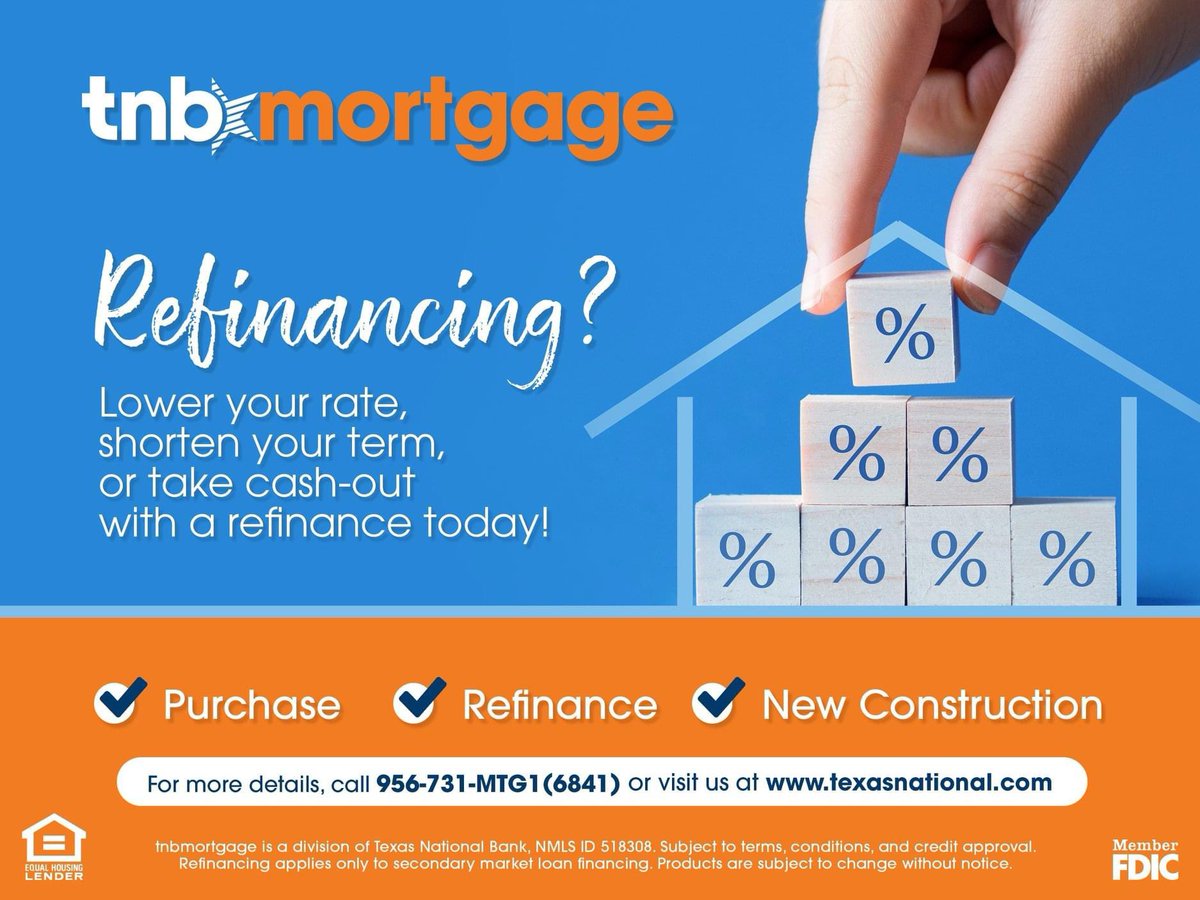 TNB1920's tweet photo. Thinking about refinancing your home? Our #tnbmortgage team is here to help! Lower your rate, shorten your term, or take cash-out with a refinance today! 😃

Contact us today!

💻 https://t.co/xzCYyvrZ0A

☎️ 956-731-MTG1 (6841)

#tnbmortgage #FriendlyLenders #WeAreHereToHelp https://t.co/oGD22oA1dB