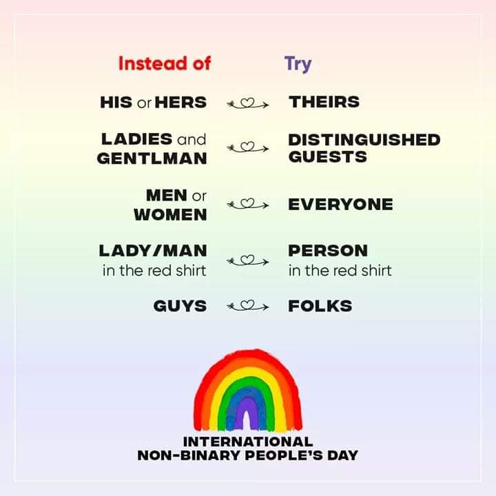 Here are some great examples for how to use inclusive language. Wishing you a great #InternationalNonBinaryPeoplesDay