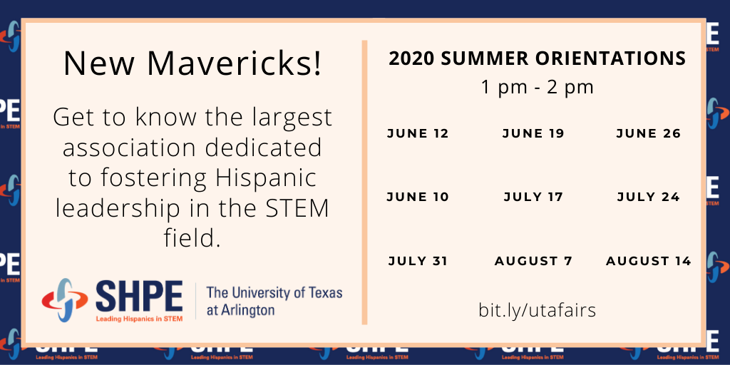 uta_shpe's tweet photo. Welcome new Mavericks!

Come learn about the Society of Hispanic Professional Engineers (SHPE)

Meet us Fridays this Summer https://t.co/g4brrhF4bV from 1-2pm.

#uta #utarlington #uta2024 #uta24 #uta2023 #uta23 #uta2022 #uta22 #uta2021 #uta21 #shpe #shperegion5 #shpefamilia #stem https://t.co/7lW0i4A8BS