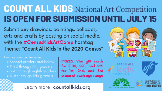 AllInForHealth's tweet photo. 🎨 OPEN FOR SUBMISSION: Join the #CountAllKids National Art Competition, and win gift cards up to $100. Submit any arts/crafts by posting on social media with hashtag #CensusKidsArtComp BY JULY 15. THEME: "Count All Kids in the 2020 Census." Learn more: https://t.co/p0bEVwPdiG https://t.co/nGYFVb996I