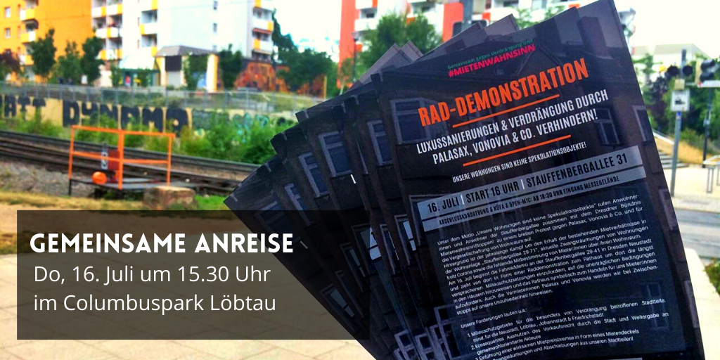 AntifaLoebtau's tweet photo. Kommt am16.7 zur Rad-Demonstration gegen 
#Zwangsräumung, Luxussanierung, Verdrängung und für #Vergesellschaftung, #MilieuschutzJETZT &amp; Mietendeckel! Gemeinsame Anreise aus #Löbtau ab 15:30 Columbuspark. Mehr Infos gibts bei #Push2talk nachzuhören: https://t.co/MlehMJ3Z9G #DD1607 https://t.co/8HMHkRGSvT