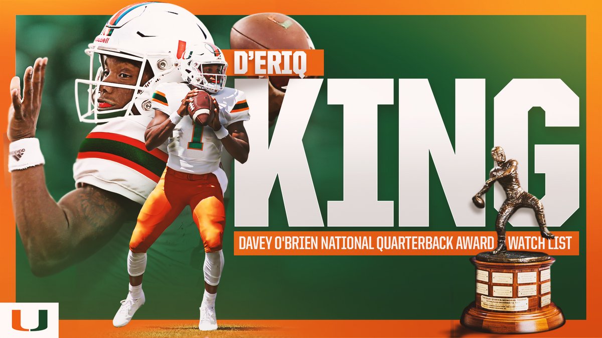 CanesFootball's tweet photo. Make sure to keep your 👀 on the 👑 this year.

@DeriqKing_ has been named to Davey O'Brien Award watch list.

📰: https://t.co/GstWtLVHba https://t.co/i1uAeYHP0n