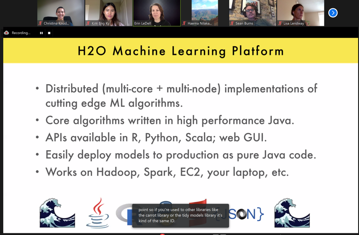canoodleson's tweet photo. @ledell is here at #north2020 to help us understand machine learning with https://t.co/a3dYAJri08 ! She's telling us about some cool features (supervised and unsup ML algs, imputation, automatic early stopping, etc) #RStats https://t.co/Hda2FfIFJ3