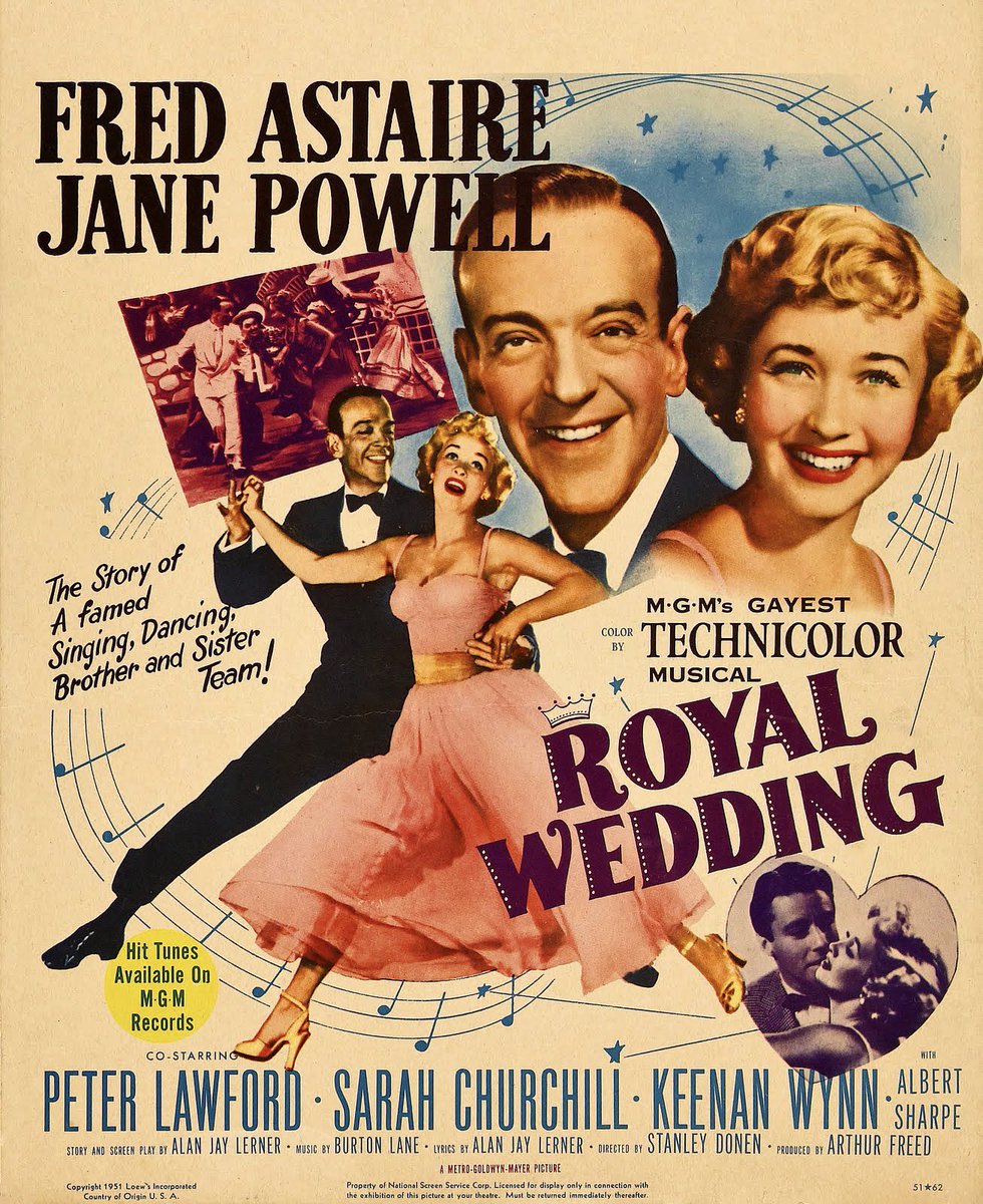 [16] “Royal Wedding” (1951)This has two classic Fred Astaire solos: his hat rack dance and ceiling dance. Less famously, it has two great duets with Jane Powell. This was inspired by Fred’s experiences with his sister Adele during their stage career in the 1920s and early ‘30s.