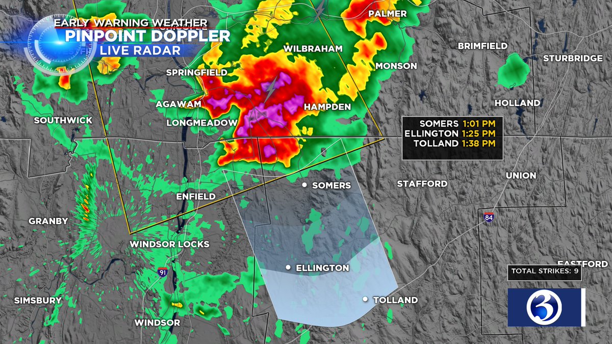 MarkDixonTV's tweet photo. heads up somers, ellington, and tolland!
an intense storm with a history of producing hail, a damaging wind, heavy rain and frequent lightning is moving into northern ct...  it's moving to the south at 15 mph 
eventually it could impact i84 east of hartford https://t.co/S5PTqJaJq9