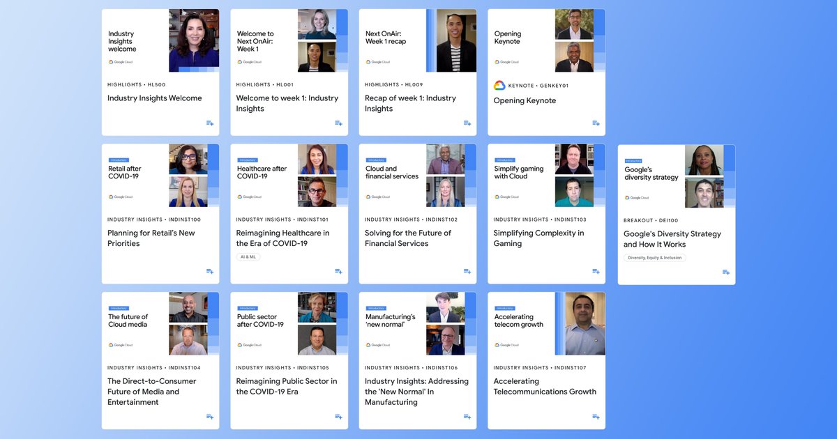 gregwilsontech's tweet photo. Google Cloud Next 2020 (online) has started. Week 1 of 9 is now online and available for viewing now. This week is "Industry Insights". I grabbed a screenshot the content below. Check it out at https://t.co/tsi2uXPg5x  #GoogleCloudNext @googlecloud https://t.co/ghFyiSkDki