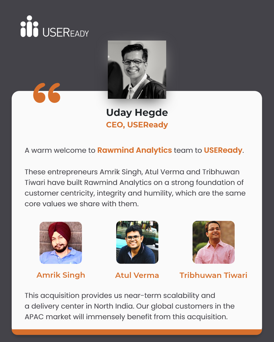 USEReady has acquired Rawmind Analytics based in Gurgaon, India. As of part of this acquisition, founders of Rawmind Analytics Atul Verma, Amrik Singh, and Tribhuwan Tiwari would be joining USEReady.

View Press Note - hubs.ly/H0svBkg0