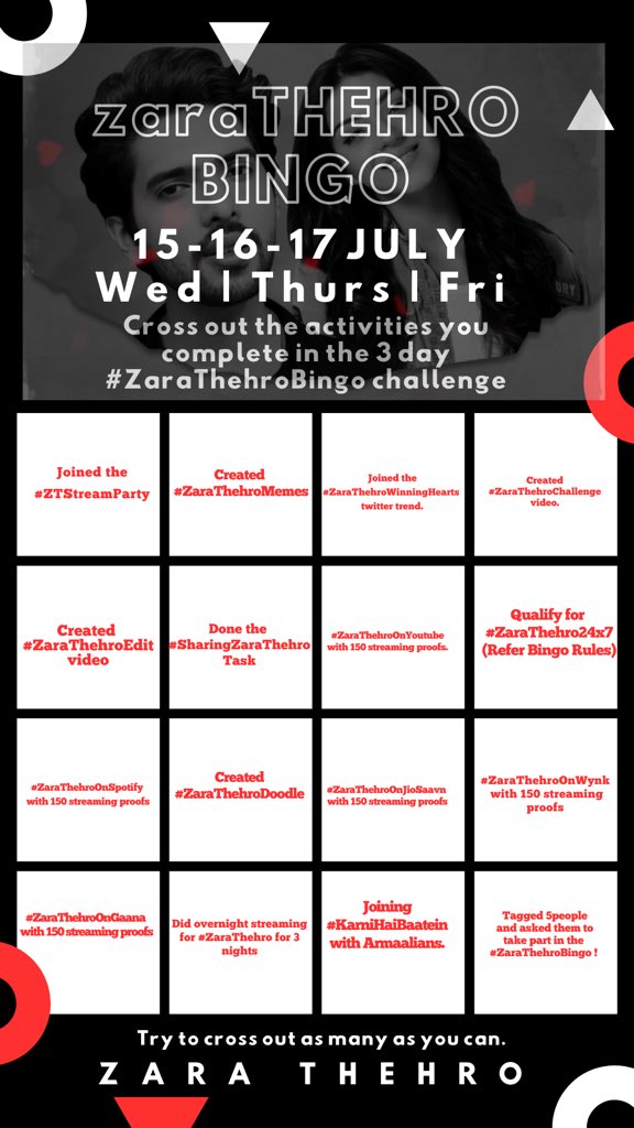 ShivaniPatel23's tweet photo. Get excited for #ZaraThehroBingo (15-16-17 July) starting tomorrow... 
Go through the activities, and plan your days accordingly! By the end of the challenge you have to finish the bingo or most of it! 
DM me for any queries. 🖤
@AmaalMallik @ArmaanMalik22 @daboomalik https://t.co/qrI3fsxJla
