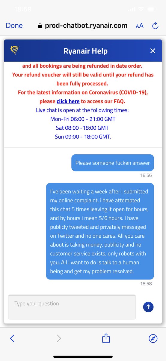 amm9623's tweet photo. @Ryanair  I’m still waiting by the way ! For someone to answer and to give me the refund I’m owed from March! https://t.co/aQbTWlfc6S