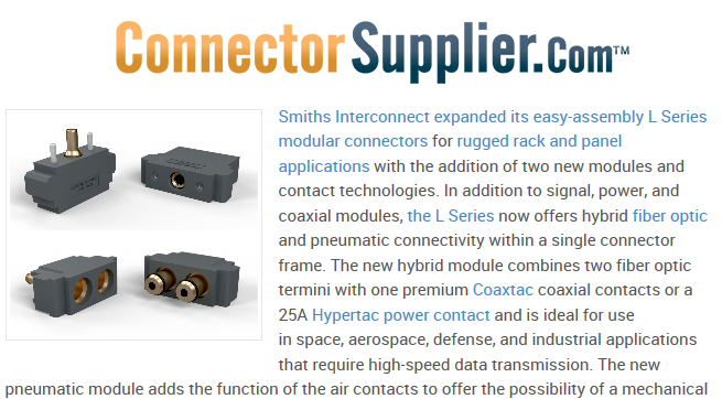 smithsinterconn's tweet photo. With the expansion of our modular L series we offer now both hybrid fiber optic and pneumatic connectivity, read more @ConnSupplier July new product news https://t.co/rCfFg40Pov #modularconnectors #fiberoptics #penumatic #hybridmodules https://t.co/OgyvN9idc9