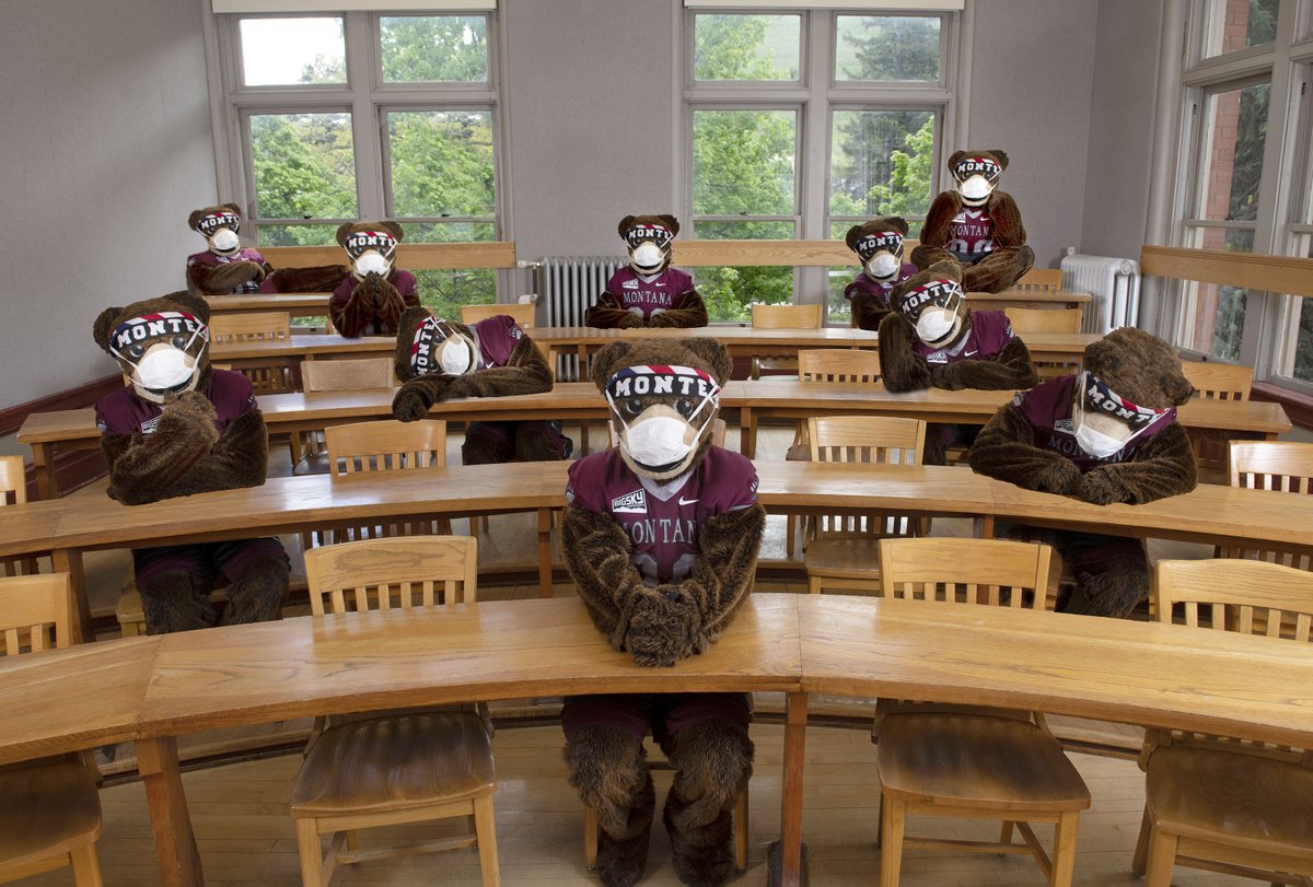 UM's top bear reminds everyone that good Grizzlies stay 6-feet apart and wear face coverings when indoors. 🐻😷 #MaskUpMontana