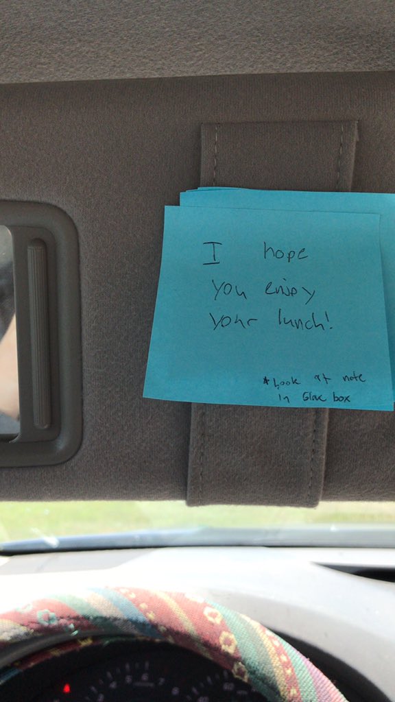 squints010's tweet photo. My bf and I take separate lunch times now (😩) but he brings me lunch and leaves me cute sweet little notes all over my car he really is the most special human on the plant ilysm babe 🧡 https://t.co/iLAca10fGo