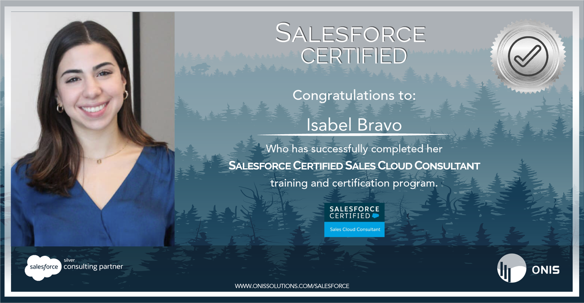 ONISSolutions's tweet photo. Congratulations to Isabel Bravo for earning her certification as Salesforce Sales Cloud Consultant. All your hard work on @trailhead has paid off! #OnisForce has another Salesforce certification. #blazeyourtrail #journeytosalesforcegold #salesforce #crmengineering #onissolutions https://t.co/iki4R7GPRr
