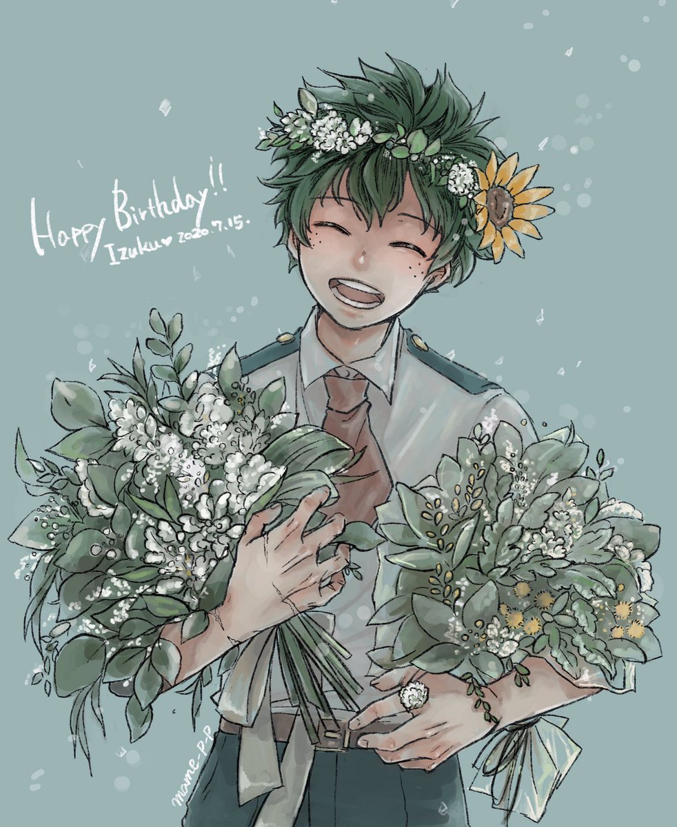 midoriya izuku u.a. school uniform 1boy male focus freckles flower happy birthday school uniform  illustration images