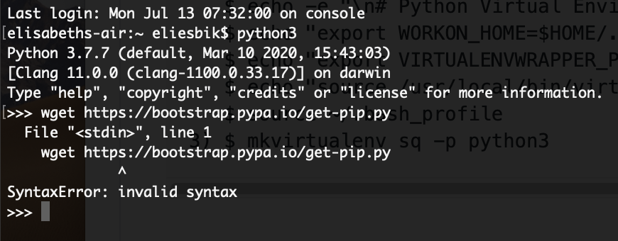 The second command is:"wget  https://bootstrap.pypa.io/get-pip.py "I type it in and I get "SyntaxError: invalid syntax" #GameOver