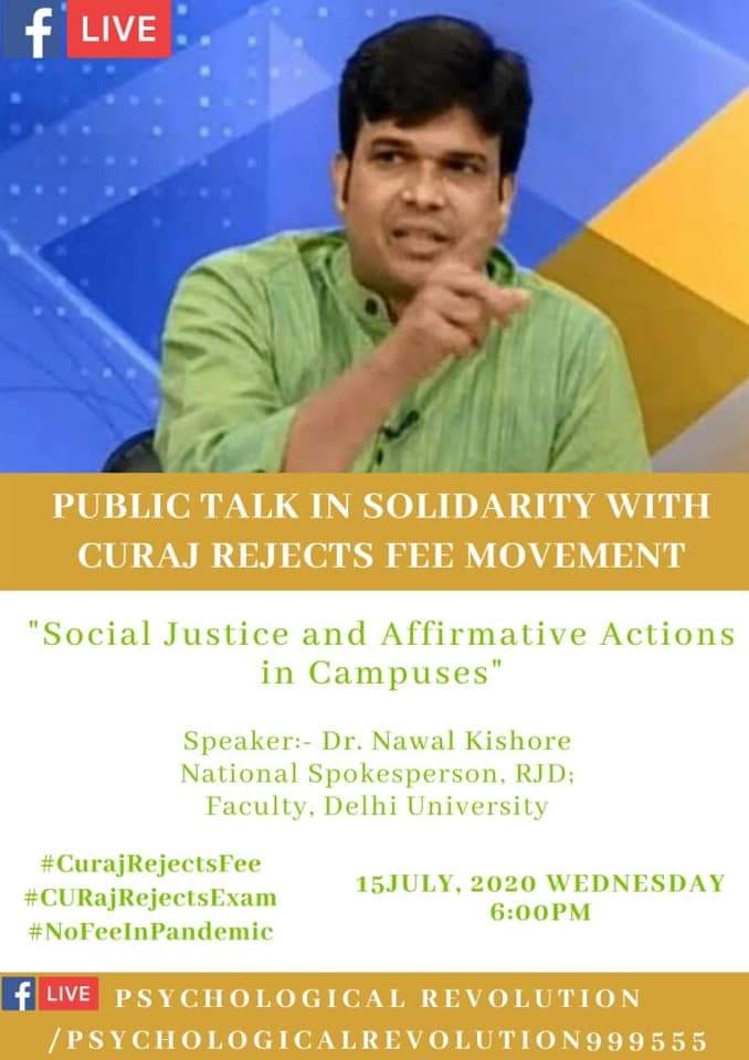 jnu_rjd's tweet photo. Dr. @Nawalk7 (National Spokesperson, RJD; Faculty, DU) will be speaking on 15 July at 6pm in solidarity with #CURajRejectsFee Movement.
He will be talking about "Social Justice and affirmative actions in campuses"
Join here 👇
https://t.co/uVtJQqC3XW
@manojkjhadu @RJDforIndia https://t.co/s1HTDQJYKW