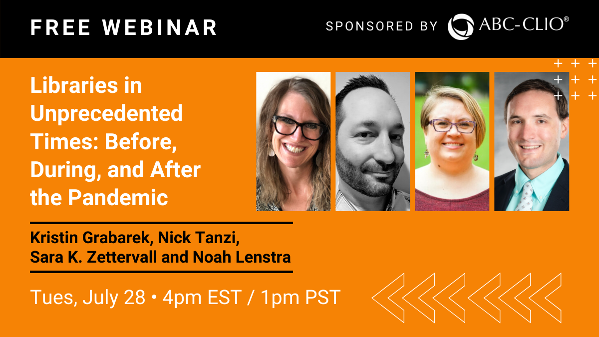 JG_publishing's tweet photo. Friends, I've been SO EXCITED to tell you about this webinar I'm moderating on July 28 at 4pm EST! @ABC_CLIO #LibrariesUnlimited authors Kristin Grabarek, @Techie_Lib, @NoahLenstra, and @sarazet in a roundtable chat about libraries+the pandemic. Register: https://t.co/V7hFAQAgKF https://t.co/e4bmpYlMjM