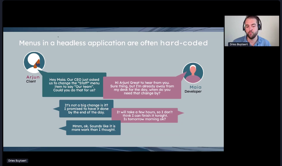 Srijan's tweet photo. Attention to detail! @Dries FTW! JS developers end up doing menu custom in most of the headless CMS's. Shipping an official component for react is a great milestone. #driesnote #DrupalCon @drupalcon https://t.co/KMKu9WMlua