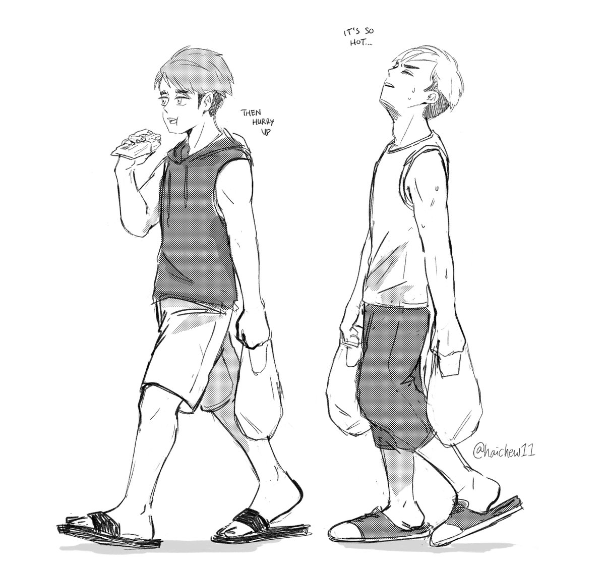 i like to think that osamu hates the cold and atsumu hates the heat, so atsumu is MELTINGGGG while osamu is doing fine... but he's also eating ice cream >:) 
#haikyuu 