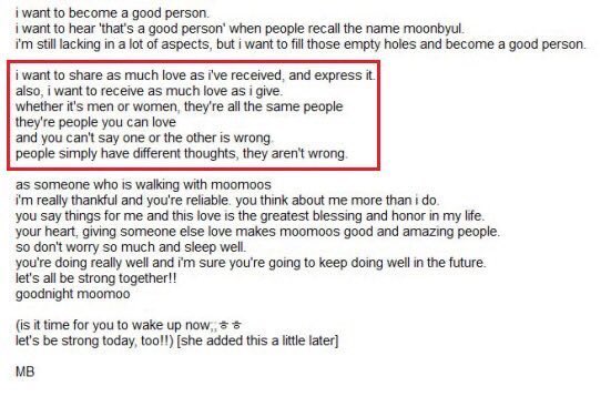 Moonbyul MAMAMOOevery year on ‘national coming out day’ moonbyul releases a letter to fans encouraging self love and confidence. she is an active supporter of the lgbt+ community and encourages girls to break gender stereotypes through her music