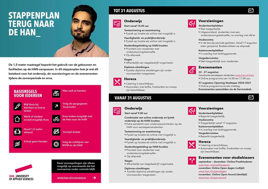 Stappenplan terug naar de HAN
Wat betekent dit voor het onderwijs, de voorzieningen en evenementen tijdens de zomervakantie en erna? 

Leesbare versie op: photo.24liveblog.com/24848354779262…