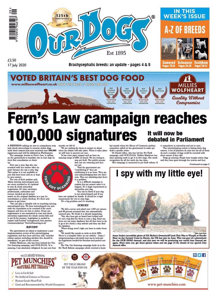 #FernsLaw campaign reaches 100,000 signatures : Thank you @OURDOGSNEWS for making us #FrontPage news and for your support  petition.parliament.uk/petitions/3000…

 @SAMPAuk_ @Dr_Dan_1 @marcthevet @beverleycuddy @John_Cooper_QC @DoglostUK @pettheftaware @DoglostUK @finnforchange #ScanMe #Apdawg