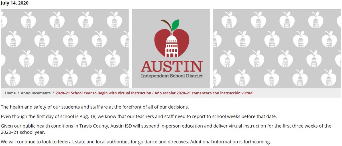 BREAKING: <a href="/AustinISD/">Austin ISD</a> will deliver virtual instruction for the first three weeks of the school year. Students report on Aug. 18.

"The health and safety of our students and staff are at the forefront of all of our decisions."