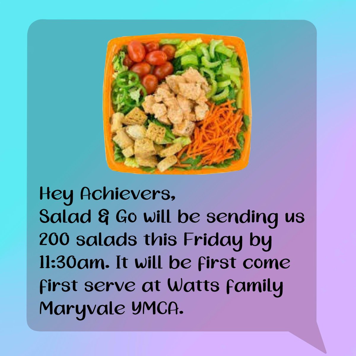 YAchieversaz's tweet photo. Thank you to Salad and Go for sending us 200 salads for our achievers! 

#communityresources #community #communitylove #saladandgo #youth #YMCA #yachievers #phoenix #arizona #phoenixliving #healthyfood #healthy #healthyliving https://t.co/BbMAusXyLr