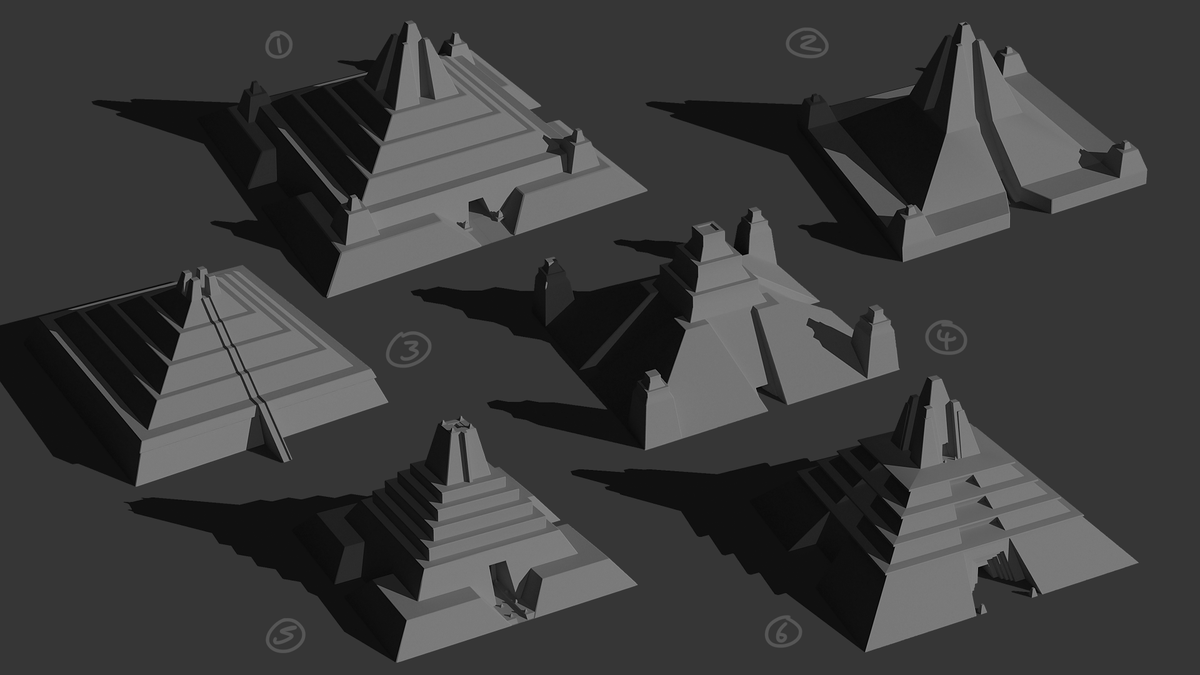 Dom_Littler's tweet photo. Further refining the shape of the pyramids for my piece, I've taken some of my favorite aspects from the earlier thumbnails and combined them. I think i'll go with no.1 but I might steal details from the others depending on what looks best in the final. #atomhawkadventure https://t.co/rQ9tnQrV27