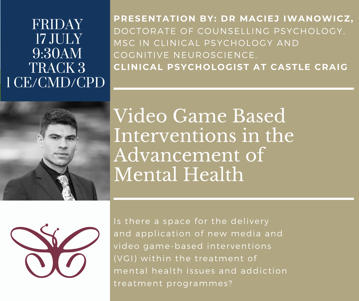 CastleCraig's tweet photo. ICAAD 2020 - virtual addiction treatment conference. Our clinical psychologist is presenting on video game based interventions in mental health treatment on Friday 17th July 9:30am. #icaad2020 #icaad #mentalhealth #addictions @icaadevents https://t.co/E08z0Vu78v