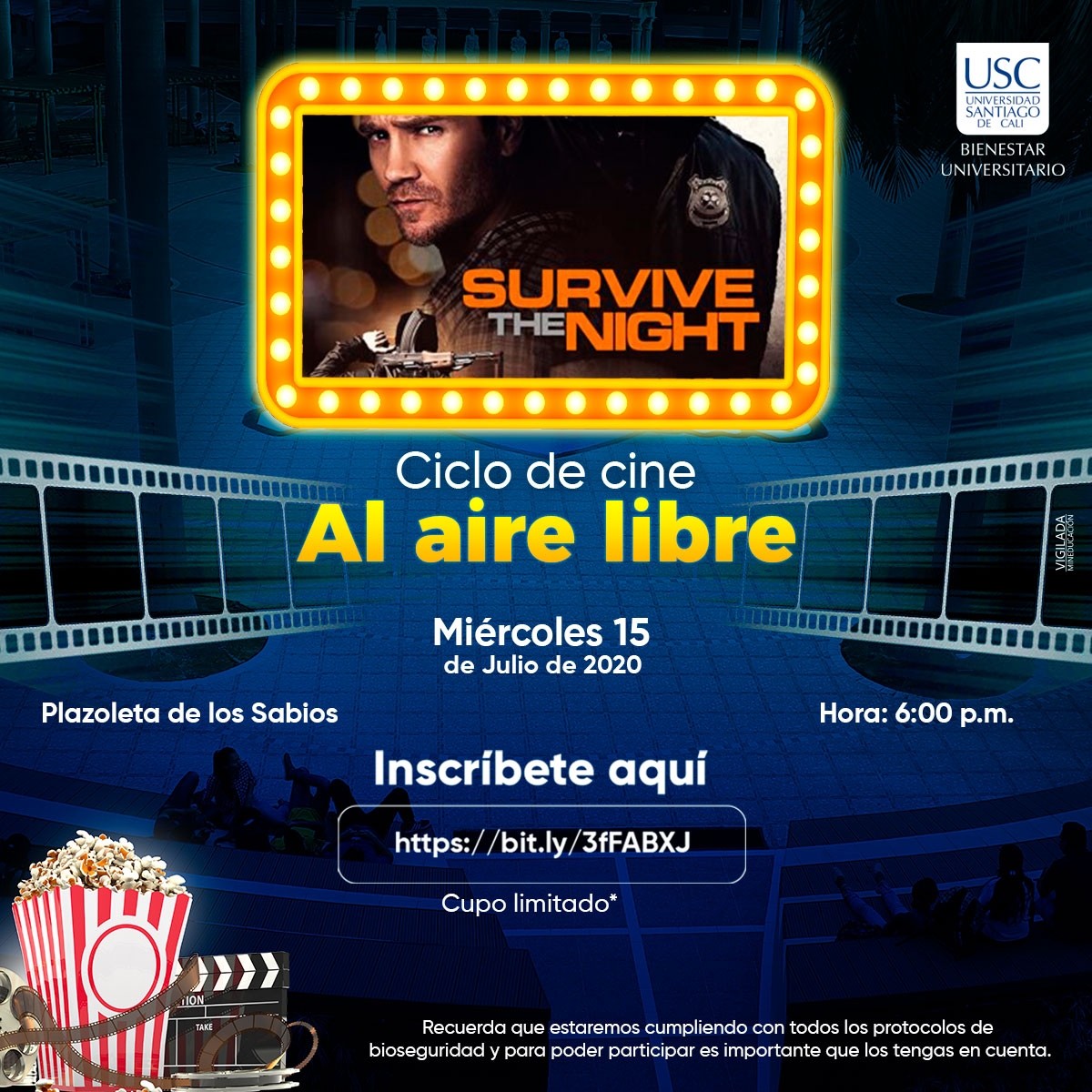 usantiagodecali's tweet photo. #EventosUSC | ¡Miércoles de cine en nuestra Plazoleta! Cupos limitados. Inscríbete aquí: https://t.co/is3ivGQZ4N
#LaSantiagoSomosTodos #SúperUSC #CaliCo #USCcali https://t.co/n4kDgwQc2g