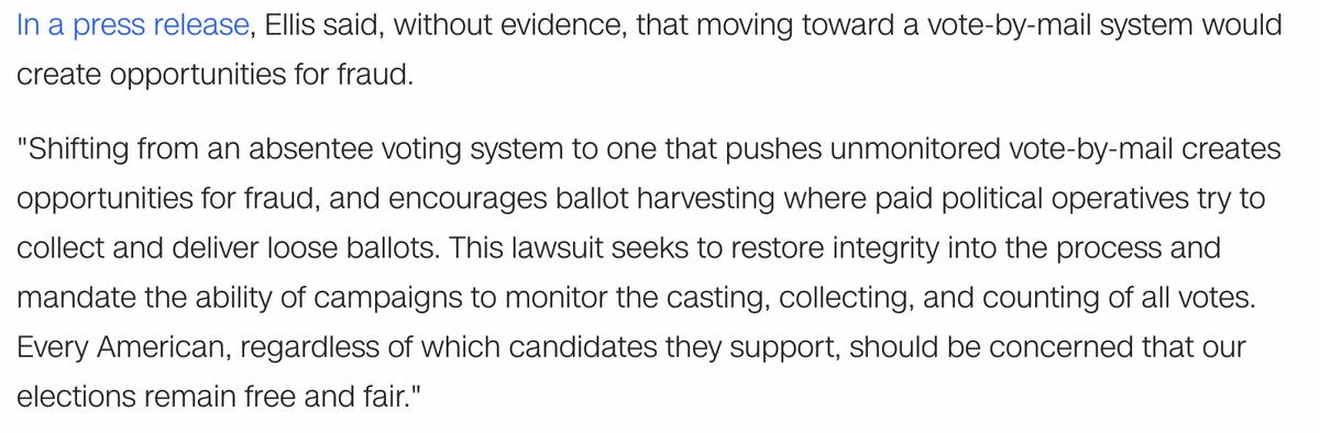 Ellis, a frequent surrogate for the President, is also the public face of a Trump campaign lawsuit filed against Pennsylvania's counties over the state's plans to use mail-in ballots in November. She claimed, w/o evidence, that moving toward voting-by-mail could lead to fraud.