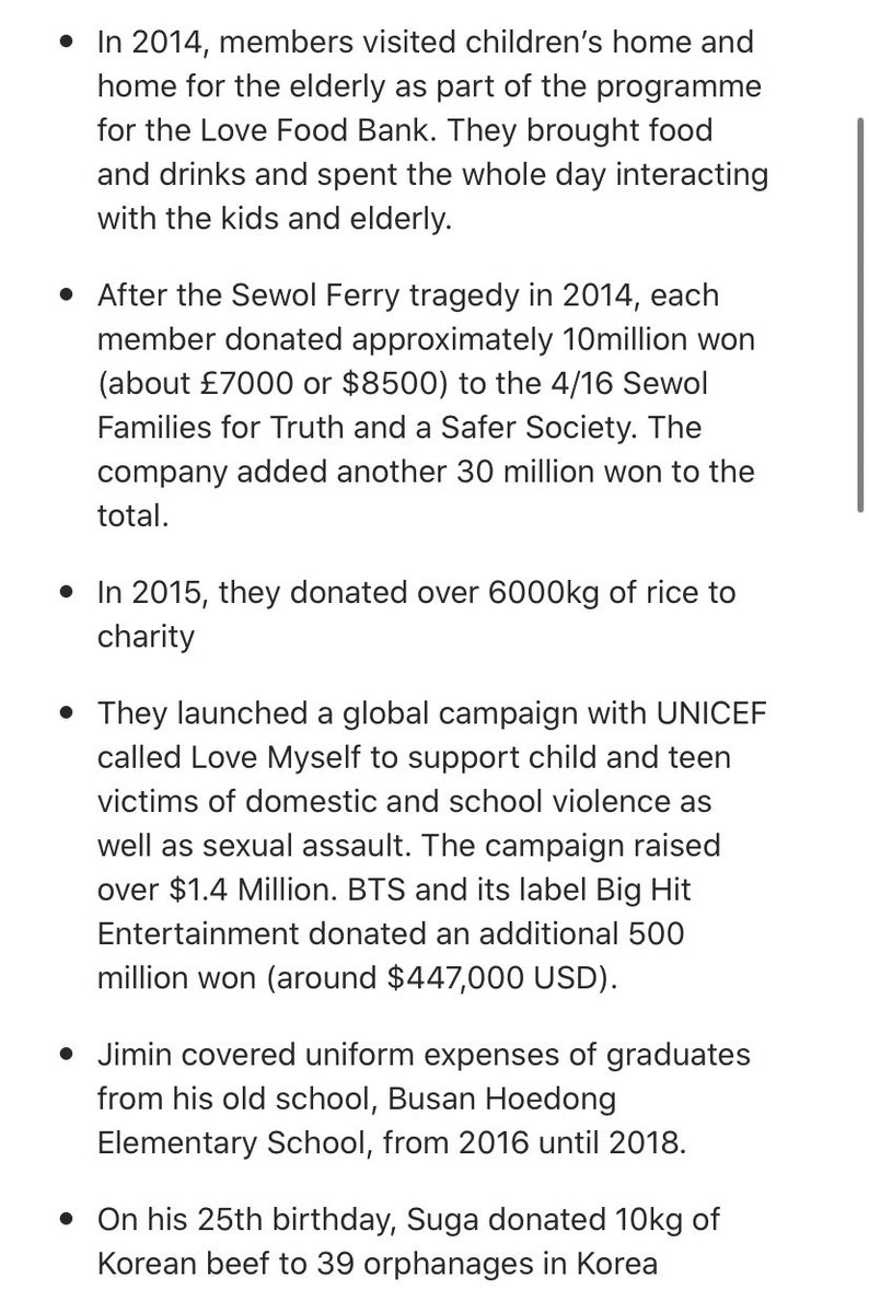 BTSfor years bts have been known for their generous contributions to charities, often trying to remain anonymous. examples of these charities is their unicef love myself campaign which raised over $2million and recently donated $1million to the blm movement