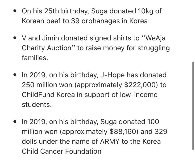 BTSfor years bts have been known for their generous contributions to charities, often trying to remain anonymous. examples of these charities is their unicef love myself campaign which raised over $2million and recently donated $1million to the blm movement