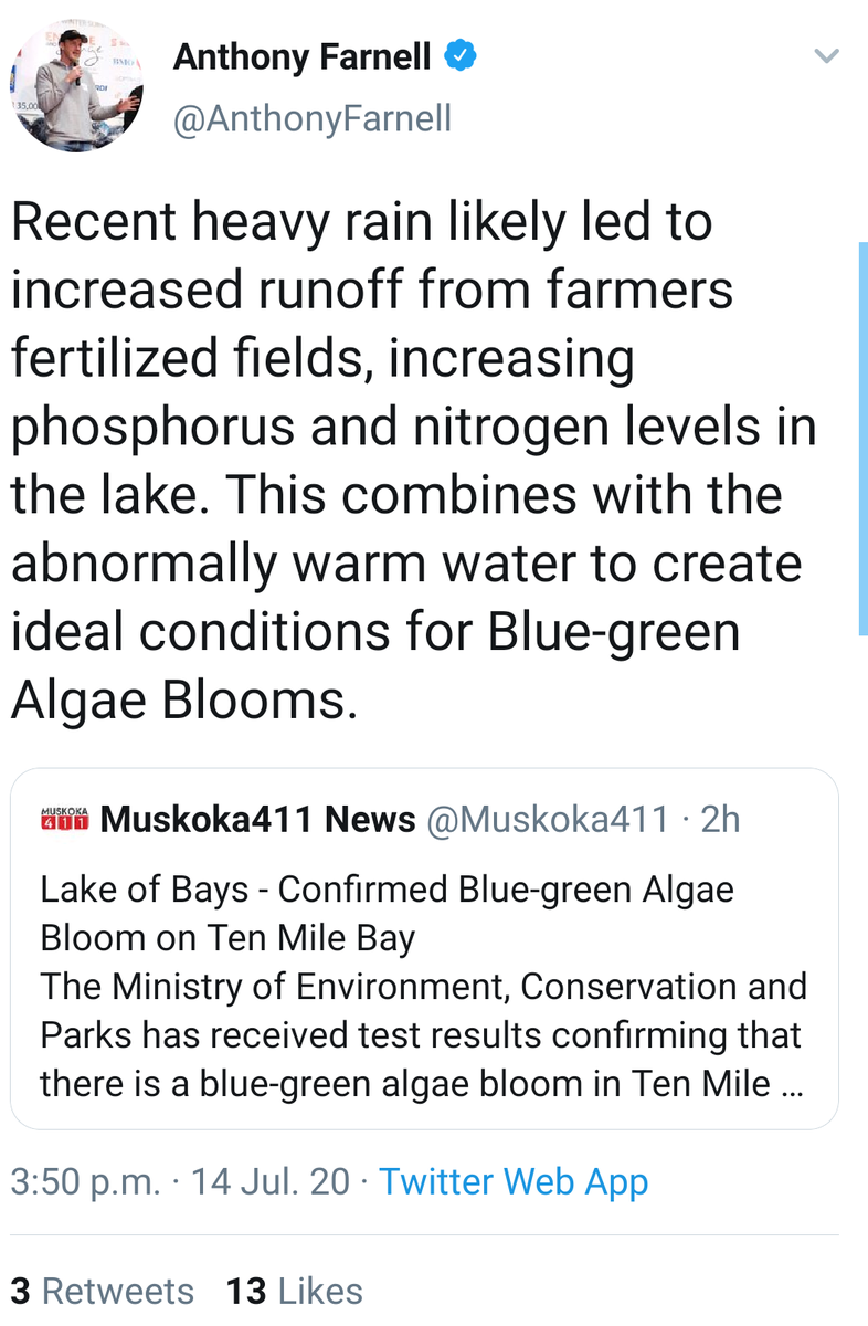 The "all algae blooms are directly caused by farmers" narrative is tired and unhelpful. Water quality is an issue we all care about. Directing blame to farmers (especially in Muskoka) does nothing. Let's support our farmers continued progress instead #ontag #algaeblooms