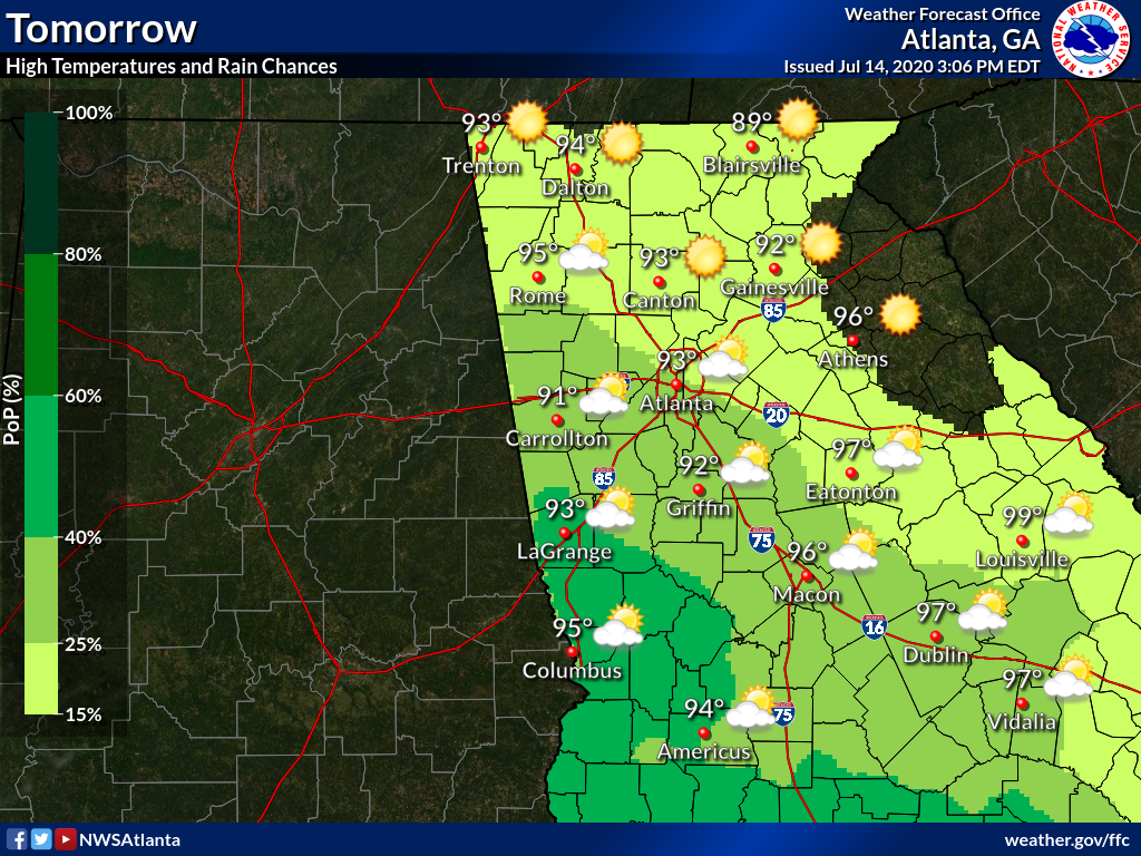 NWSAtlanta's tweet photo. Chances for rain are expected to be a bit higher across the area on Wednesday compared to this afternoon. Like many summer days, some storms may become strong with gusty winds, lightning, and periods of heavy rain! Check the forecast for your area @ https://t.co/oZzn2g6Cux #gawx https://t.co/esuUDrxMKd