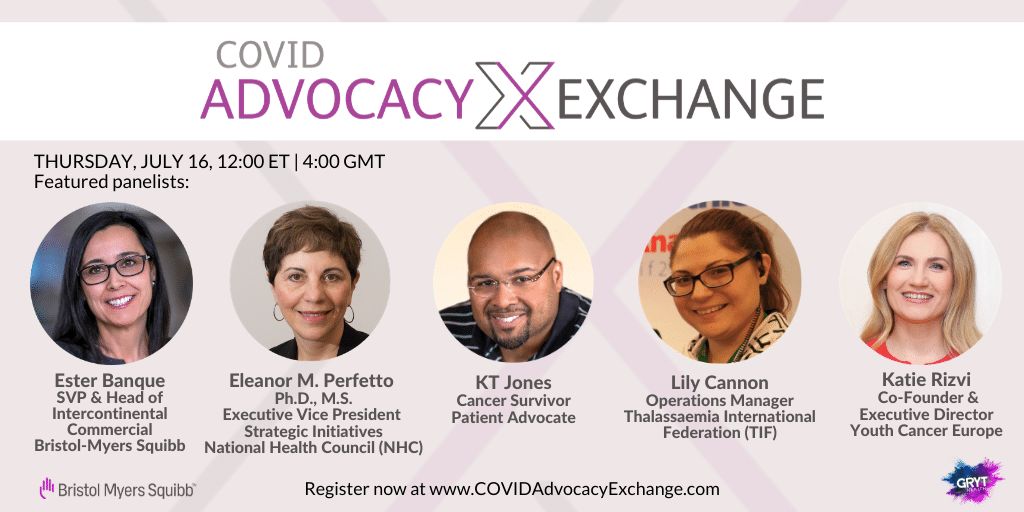 grythealth's tweet photo. Join our next #AdvocacyExchange: 
Reshaping Healthcare July 16 Noon ET/ 4:00 pm  GMT https://t.co/vjVXRG8LgQ so lucky to have 
Ester Banque @bmsnews
Eleanor Perfetto @NHCouncil
KT Jones  #cancersurvivor 
Lily Cannon @thalassaemiaTIF
@katie_rizvi @CancerEurope
#globalhealth https://t.co/dWO7GdA96L