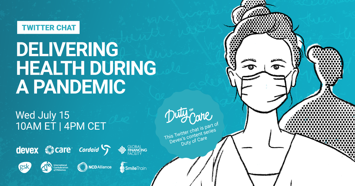 Smiletrain's tweet image. TOMORROW! Join the #DutyOfCare Twitter chat to discuss how health care workers can be supported, protected, and empowered during pandemics. dvx.cm/twitter-chat-d…

#DevexSeries @devex @cordaid @theGFF @world_midwives @ncdalliance @Smiletrain @GSK