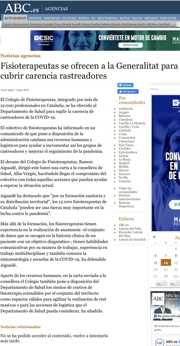 raiguade's tweet photo. Avui la prensa s’ha fet ressò de la carta de @colficat a Consellera @albaverges @salutcat en que comunicàvem que els fisioterapeutes podíem fer molt bé la vital tasca de rastrejadors (estudi de contactes) en aquest moment de la pandèmia.  #cfccovid19 @mramentol 1/2 https://t.co/I36AhwTsKm