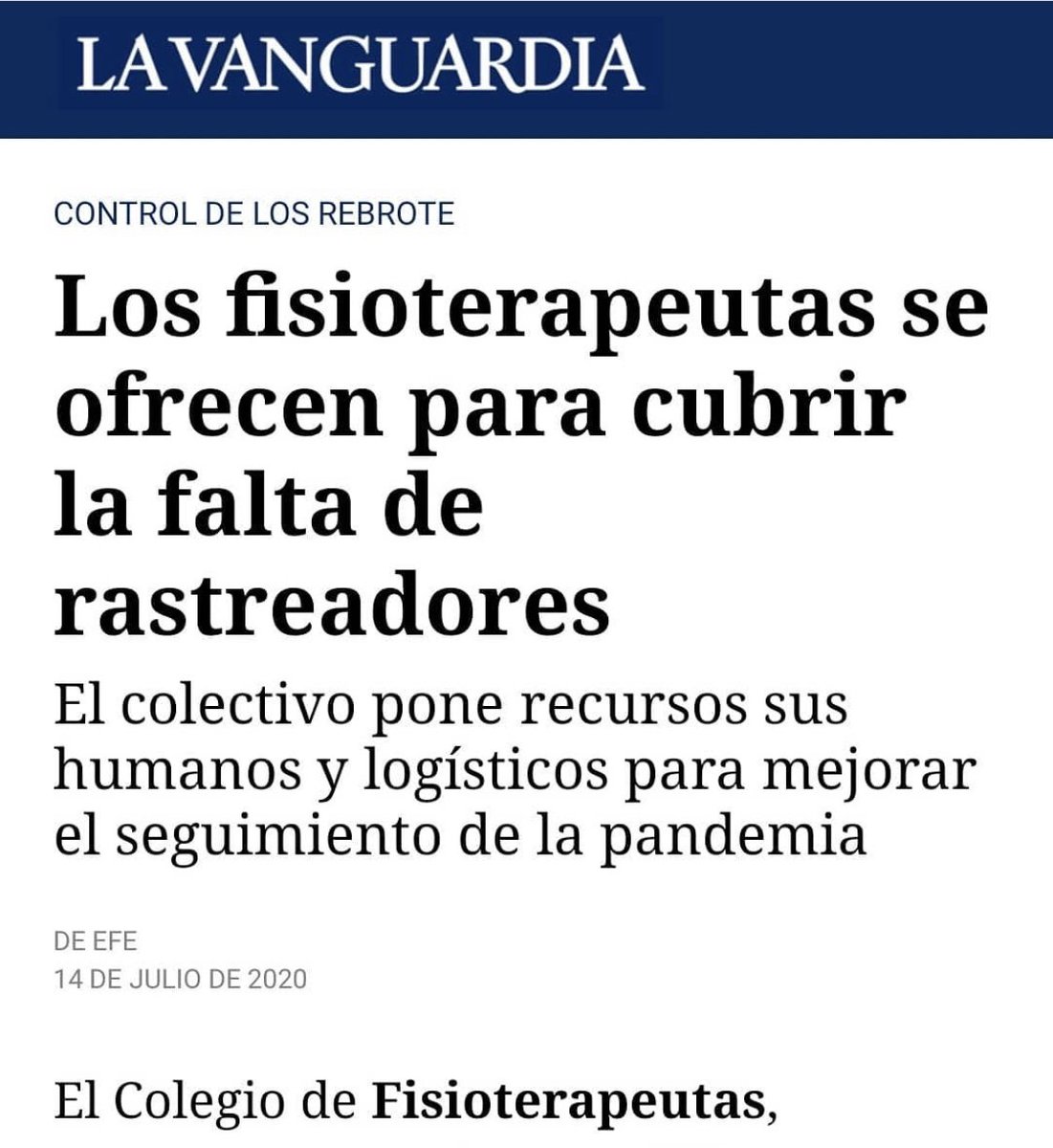 raiguade's tweet photo. Avui la prensa s’ha fet ressò de la carta de @colficat a Consellera @albaverges @salutcat en que comunicàvem que els fisioterapeutes podíem fer molt bé la vital tasca de rastrejadors (estudi de contactes) en aquest moment de la pandèmia.  #cfccovid19 @mramentol 1/2 https://t.co/I36AhwTsKm
