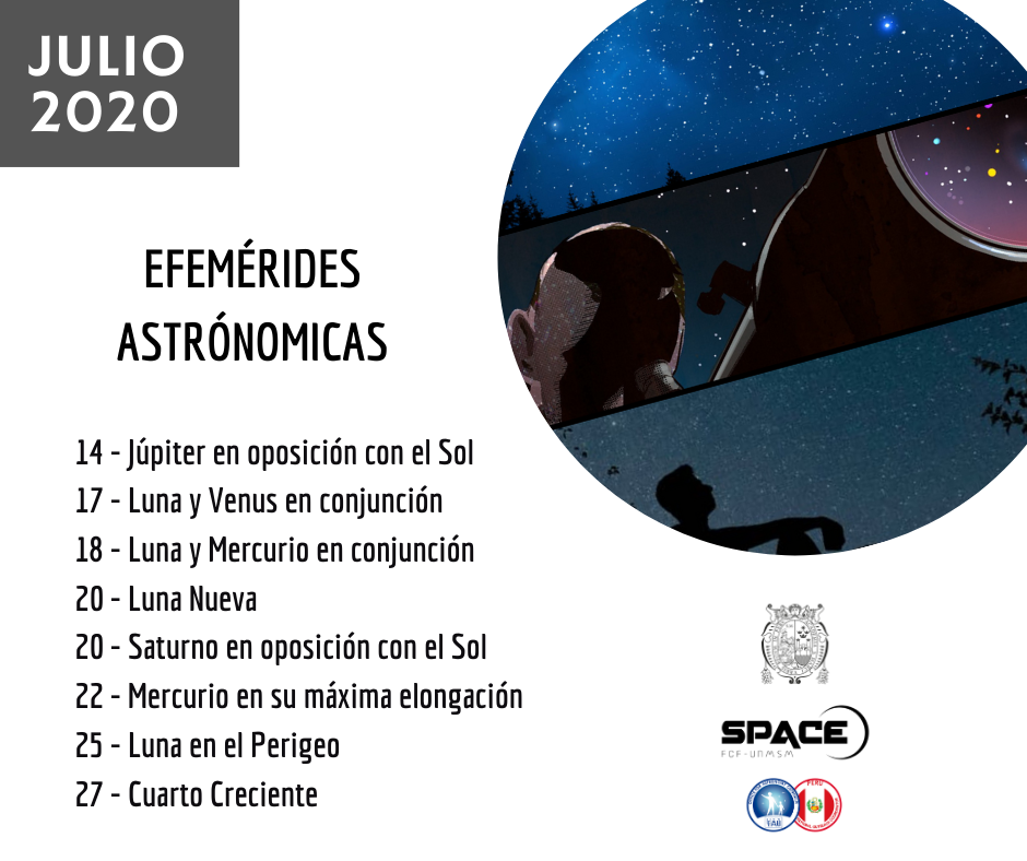 spaceUNMSM's tweet photo. 🔭💫😌A veces es preciso detenerse y levantar la vista. Disfruta de los eventos astronómicos que tiene el cielo de julio para ti, en sus dos últimas semanas.
#EfeméridesAstronómicasJulio2020
#SPACE_UNMSM https://t.co/f7WwYcdcvY