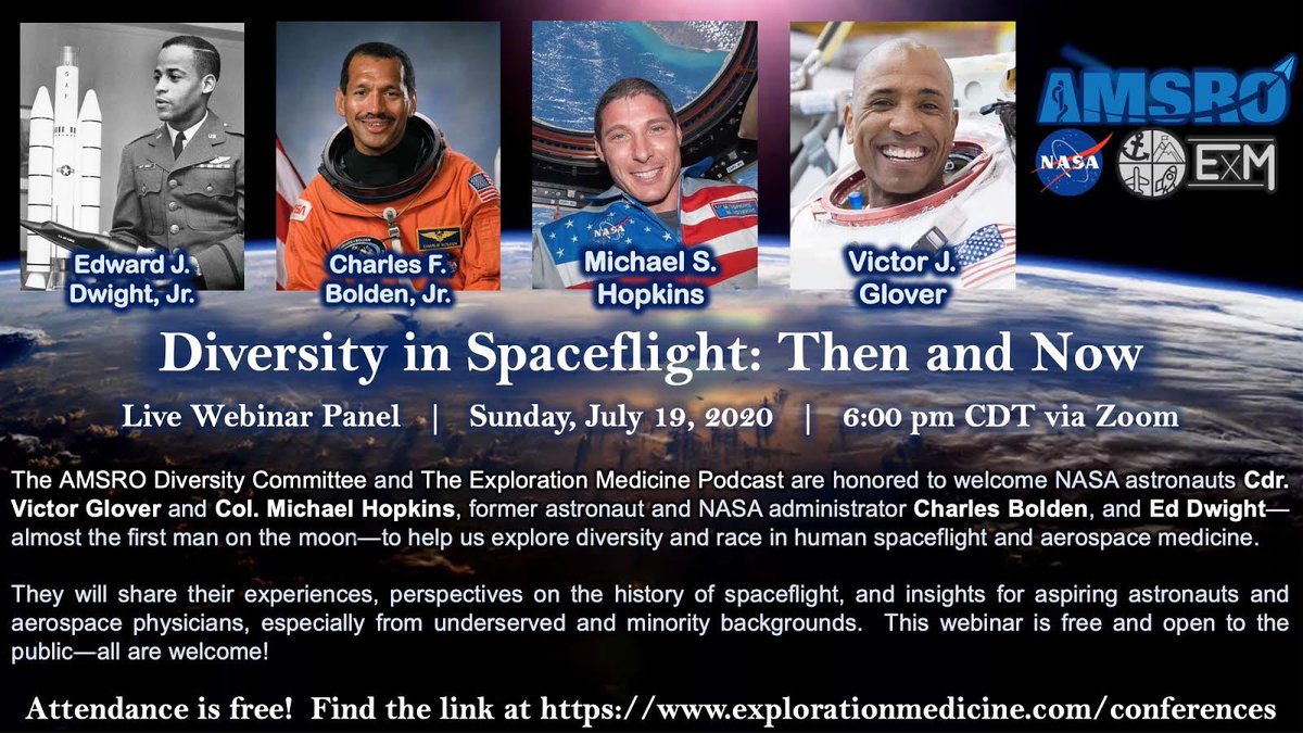 Live this Sunday 6 pm Central—Zoom in for a live webinar featuring two active astronauts training for Dragon's Crew-1, one former astronaut and NASA administrator, and the engineer–sculptor who almost became the first man on the moon.  Attendance is free!  explorationmedicine.com/conferences