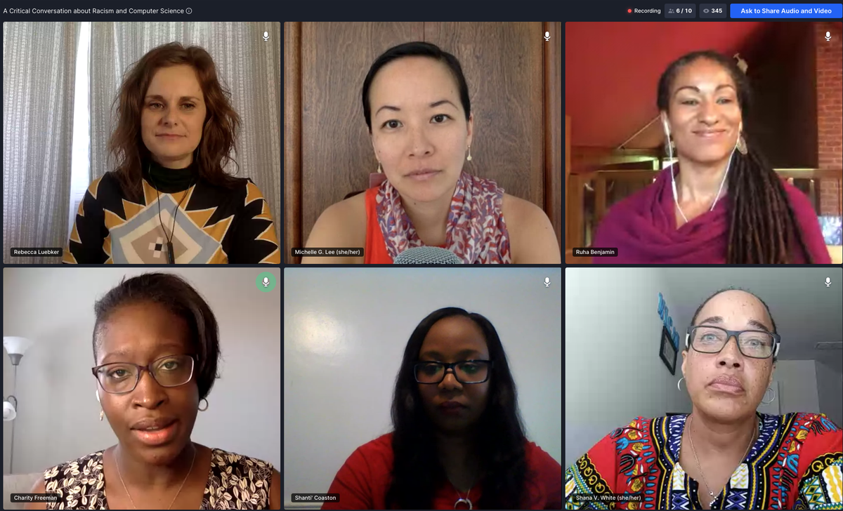 The team is all together now! <a href="/ruha9/">Ruha Benjamin</a> <a href="/ChariosiTeach/">Cʜᴀʀɪᴛʏ Fʀᴇᴇᴍᴀɴ (she/her)</a> @coast_shanti <a href="/michellegleeCS/">Michelle G. Lee</a> @LuebkerMoll @ShanaVWhite Reflecting on how we can use #ComputerScience to combat racism. #CSTA2020 #CSTAEquityFellow This is the face of #CSEquity change!