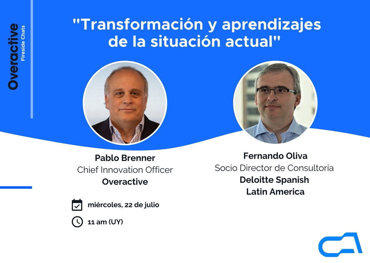 overactive's tweet photo. ¡No te pierdas nuestro primer Overactive (MDEO)
Fireside Chat!
El miércoles 22 de julio a las 11 am (GMT-3),Pablo Brenner y Fernando Oliva liderarán una charla via Zoom sobre los #aprendizajes y las #transformaciones que resultaron de los primeros 100 días de la #pandemia https://t.co/JETnomih6J